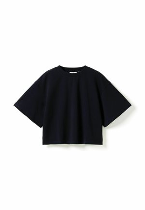 Black oversized short-sleeve cropped t-shirt with crew neck, laid flat on white background.