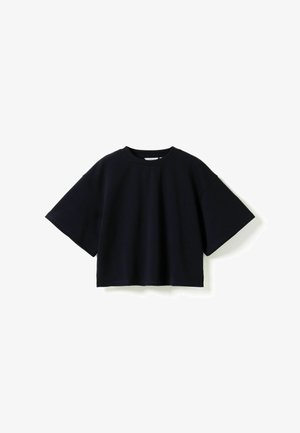 Black oversized short-sleeve cropped t-shirt with crew neck, laid flat on white background.