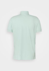 Polo vert clair à manches courtes vu de dos avec un col côtelé et un ourlet droit sur fond uni.