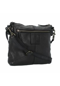 Borsa a tracolla nera in pelle con tasca frontale con zip, tracolla removibile e una finitura morbida e texture. Presenta dettagli in ottone.