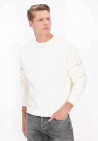 Krémová mikina s kulatým výstřihem a žebrovanými manžetami, v kombinaci se šedými džínami. Minimalistický design bez viditelných log.