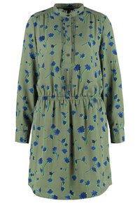 Zelené květinové šaty s modrými květy, dlouhými rukávy, mandarinovým límcem, zapínáním na knoflíky a elastickým pasem pro lepší tvarování.