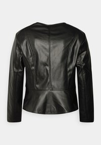 Black leather jacket with a structured back design, featuring seam detailing, a rounded neckline, and long sleeves. Smooth texture.
