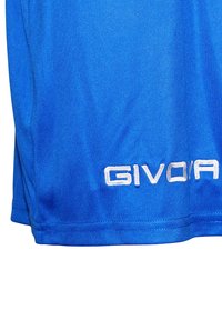 Modra atletska majica iz gladkega materiala; ima okrogel ovratnik in belo vezeno oznako "GIVOVA" na robu.