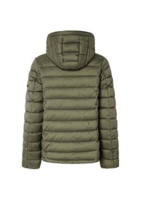 Gevoerde parka-jack in olijfgroen, met een capuchon, geborduurd ontwerp en elastische manchetten. Gladde textuur zonder zichtbare onderdelen.