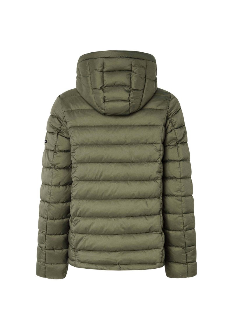 Parka rembourrée olive, dotée d'une capuche, d'un design matelassé et de poignets élastiques. Texture lisse sans quincaillerie visible.