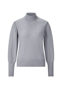 Svijetlosiva turtleneck pulover s dugim, lagano napuhanim rukavima te rebrastim manžetama i rubom. Glatka tekstura, prilagođen dizajn.