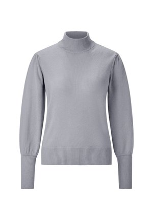 Hellgrauer Rollkragenpullover mit langen, leicht puffigen Ärmeln sowie gerippten Bündchen und Saum. Glatte Textur, enganliegendes Design.