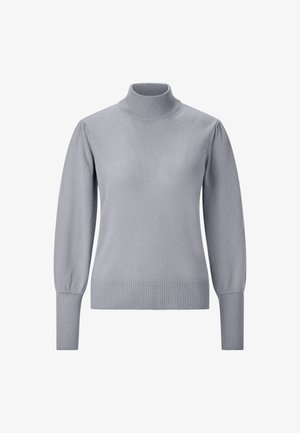 Light gray, turtleneck sweater with long, slightly puffed sleeves and ribbed cuffs and hem. Smooth texture, fitted design.