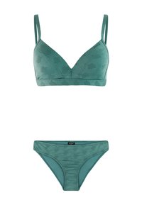 Conjunto de sujetador y bragas en color verde azulado hecho de tela texturizada con un patrón geométrico. El sujetador cuenta con tirantes ajustables y un escote en forma de V.