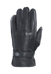 Schwarzer Lederhandschuh mit strukturiertem Finish, fünf Fingern, genähten Akzenten auf der Rückseite und einem Handgelenkriemen mit einer Knopfverschluss.