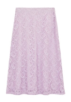 Fliederfarbener A-Linien-Rock aus Spitze mit Blumenmuster, knielang, mit gewelltem Saum auf weißem Hintergrund.