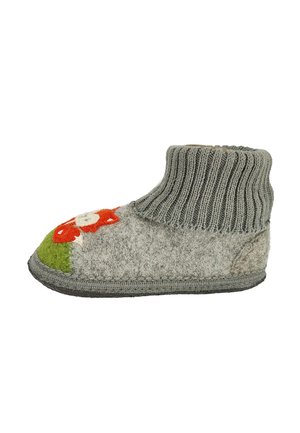 Grijze gevoerde slipper met een ribbelige grijze enkelkraag, voorzien van een geborduurd bloemenontwerp in oranje en groen op de teen.