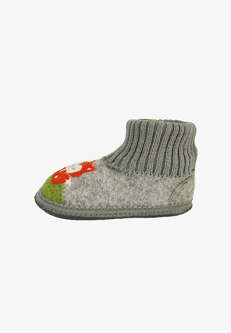 Grijze gevoerde slipper met een ribbelige grijze enkelkraag, voorzien van een geborduurd bloemenontwerp in oranje en groen op de teen.