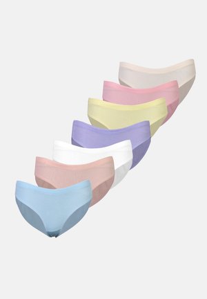 Set van zeven damesonderbroeken in pastelkleuren: blauw, roze, wit, geel, lavendel, lichtroze. Gemaakt van ribbelstof, met een gemiddelde taillehoogte.