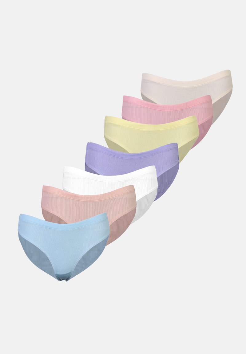 Ensemble de sept culottes pour femmes dans des couleurs pastel : bleu, rose, blanc, jaune, lavande, rose clair. Fabriquées en tissu côtelé, design taille mi-haute.