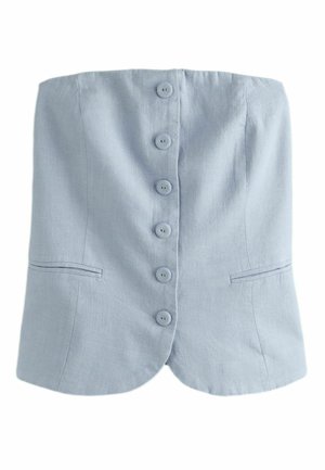 Top senza spalline in lino azzurro chiaro con sei bottoni frontali e due fessure orizzontali vicino alla vita.