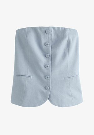 Top senza spalline in lino azzurro chiaro con sei bottoni frontali e due fessure orizzontali vicino alla vita.