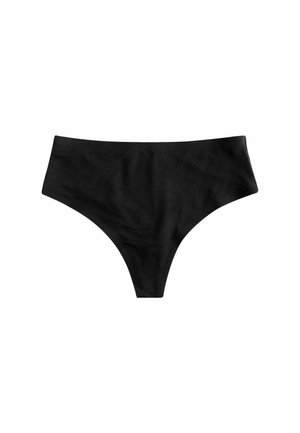 Højtaljet sort bikini underdel i glat stof, buede benåbninger og minimalistisk design uden synlige mønstre eller hardware.