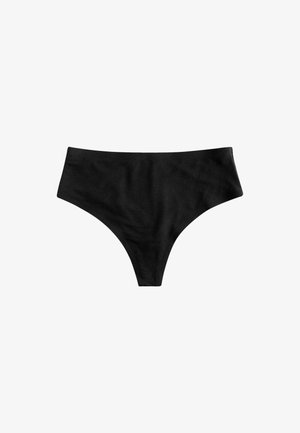 Zwarte bikini onderkant met hoge taille van gladde stof, afgeronde beenopeningen en een minimalistisch ontwerp zonder zichtbare patronen of metalen onderdelen.
