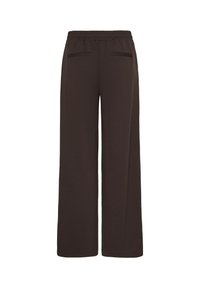 Pantalon large marron foncé avec une taille élastique et deux poches passepoilées horizontales à l'arrière, présenté sur fond blanc.