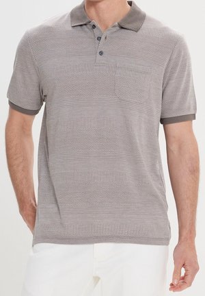 Korte mouwen polo shirt in lichtgrijs met een subtiel gestreept patroon, voorzien van een donkergrijze kraag en een knoopsluiting met drie knopen. Glad textuur.
