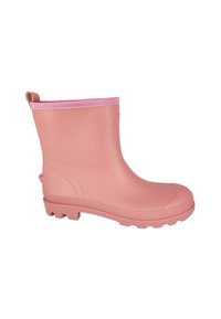 Bottes en caoutchouc roses jusqu'à la cheville avec une semelle texturée, un bout arrondi et une languette à l'arrière. Comprend un bord de couleur contrastante en haut.