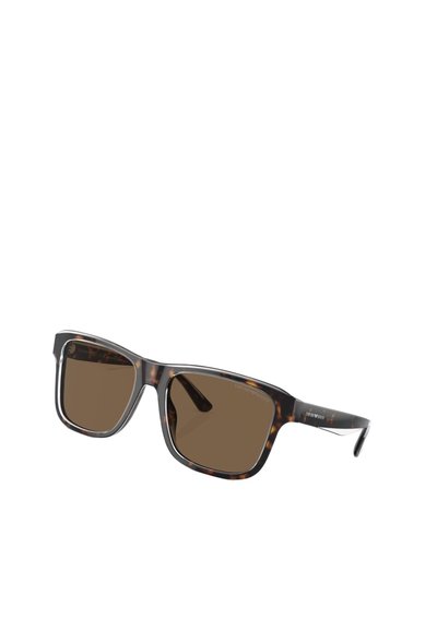 Occhiali da sole color marrone con montatura in acetato a motivo tartaruga. Forma quadrata con aste sottili che presentano dettagli con il logo del marchio.