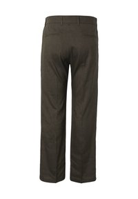 Pantalon de costume marron foncé montré de dos avec passants de ceinture et deux poches passepoilées.