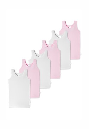 Sechs Tanktops in Weiß und Hellrosa. Jedes hat einen runden Ausschnitt und breite Schulterträger. Hergestellt aus leichtem, weichem Stoff.