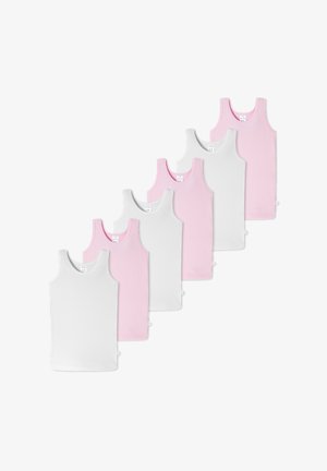 Sześć topów na ramiączkach w kolorze białym i jasnoróżowym. Każdy z nich ma okrągły dekolt oraz szerokie ramiączka. Wykonane z lekkiego, miękkiego materiału.