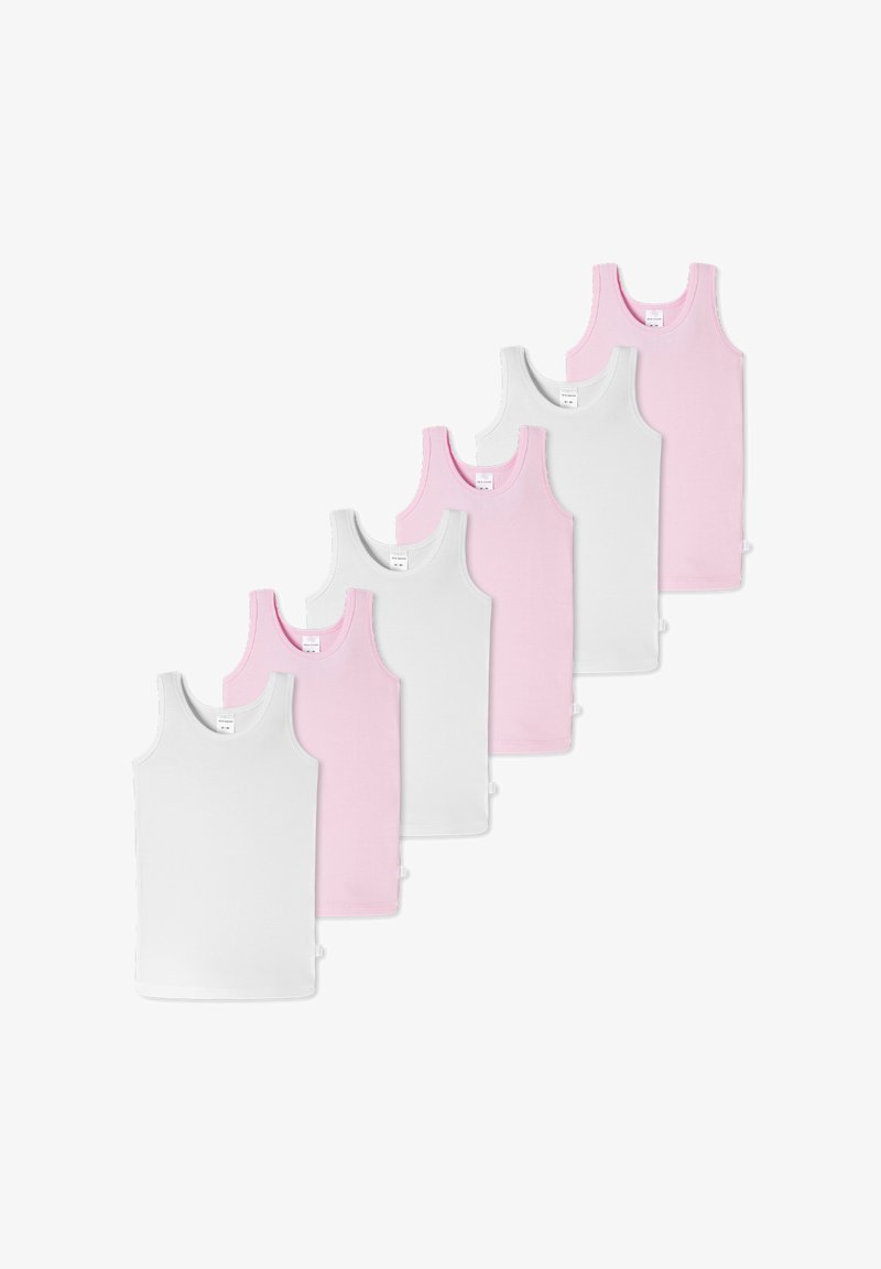 Sześć topów na ramiączkach w kolorze białym i jasnoróżowym. Każdy z nich ma okrągły dekolt oraz szerokie ramiączka. Wykonane z lekkiego, miękkiego materiału.