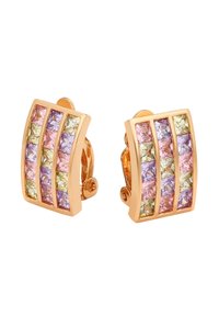 Ohrringe aus Roségold mit drei Reihen quadratisch geschliffener Pastel-Gemstone in Pink, Gelb und Lavendel, die in einer gebogenen Form angeordnet sind.