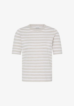 Beżowo-biały dzianinowy top w poziome paski z krótkim rękawem, okrągłym dekoltem i klasycznym krojem.