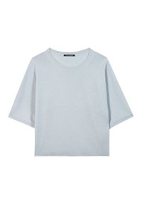 Himmelblaues, kurzärmliges Sweatshirt mit rundem Ausschnitt. Glatte Textur und kastige Form. Rippenstruktur an den Ärmeln und dem Saum.