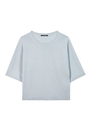 Light blue, short-sleeve sweater with a round neckline. Smooth texture and a boxy shape. Ribbed edges detail at the sleeves and hem.