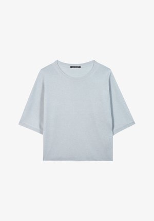 Light blue, short-sleeve sweater with a round neckline. Smooth texture and a boxy shape. Ribbed edges detail at the sleeves and hem.