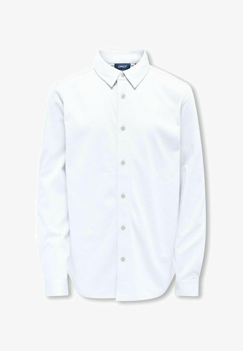 Biała koszula z długim rękawem z kołnierzykiem zapinanym na guziki, guzikami z przodu oraz zaokrąglonym dołem. Materiał wydaje się gładki, bez widocznych wzorów.