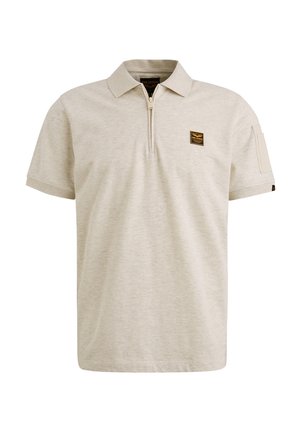 Polo shirt beige chiaro con una zip corta e una tasca sul petto. Realizzato in un tessuto morbido e testurizzato con colletto classico e maniche corte.