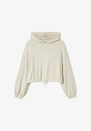 Hoodie court de couleur beige clair avec un cordon de serrage à l'ourlet, des manches longues bouffantes et une texture douce. Comprend une poche avant et une capuche doublée.