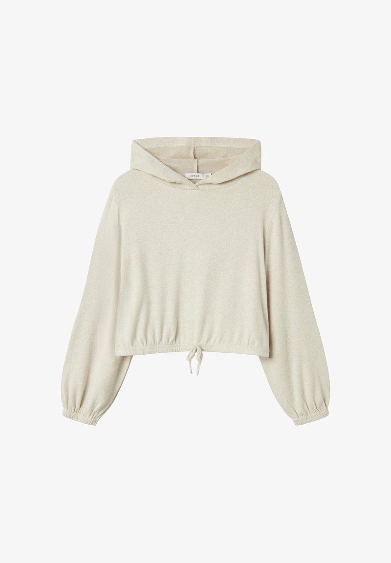 Hoodie court de couleur beige clair avec un cordon de serrage à l'ourlet, des manches longues bouffantes et une texture douce. Comprend une poche avant et une capuche doublée.