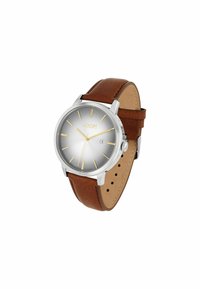 Silberne Uhr mit rundem Ziffernblatt, grauem Farbverlauf-Zifferblatt, goldenen Stundenmarkierungen und einem braunen Lederarmband, das für Anpassungen segmentiert ist.