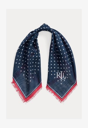 Tengerészkék sál fehér pöttyökkel, piros rojtos szegéllyel és fehér "RLL" monogrammal az alsó sarokban.