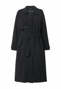 Czarny trench coat wykonany z gładkiego materiału, z podwójnym zapięciem, szerokim kołnierzem, paskiem w talii i mankietami zapinanymi na guziki.