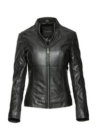 Black leather jacket with a fitted design, stand-up collar, zip front closure, and side pockets. Smooth texture with stitched accents.