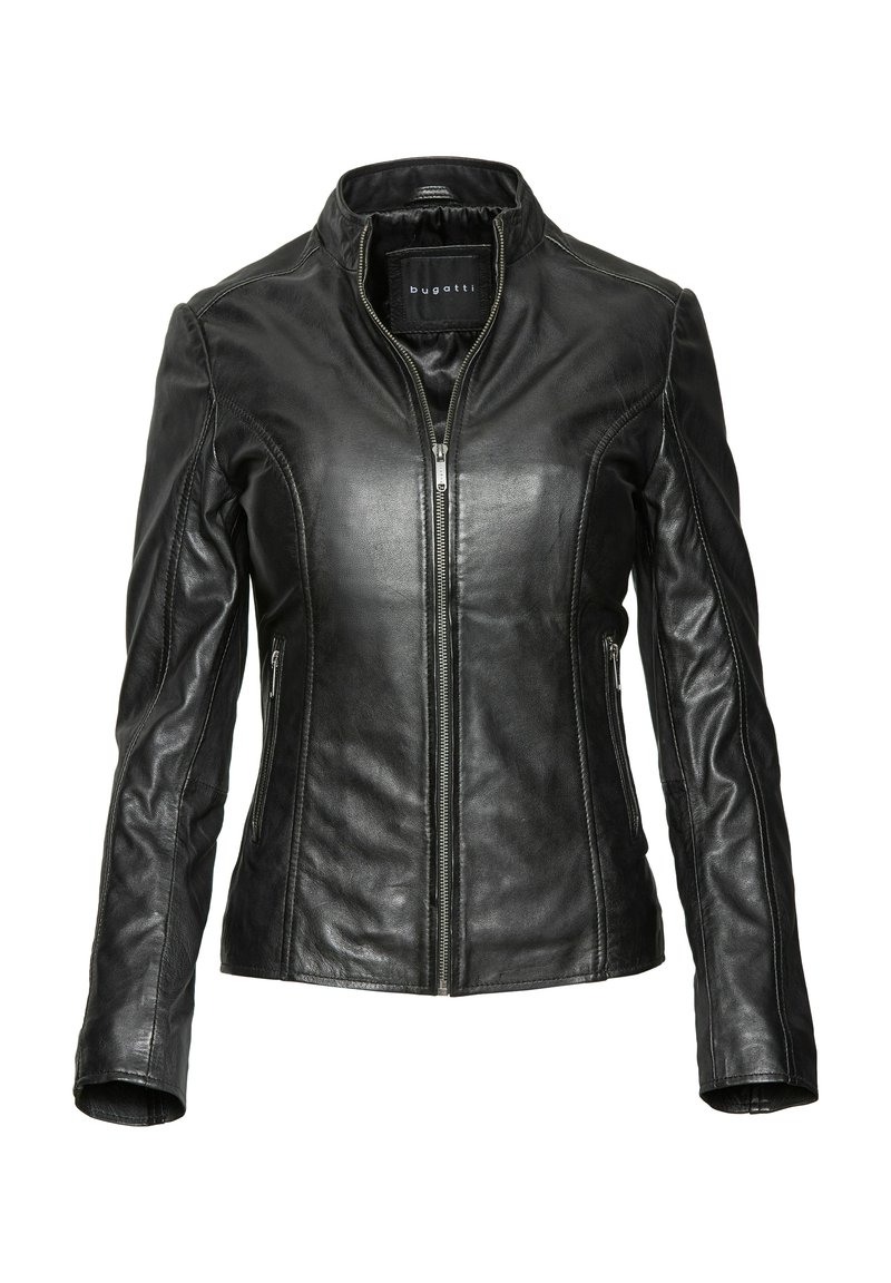 Black leather jacket with a fitted design, stand-up collar, zip front closure, and side pockets. Smooth texture with stitched accents.