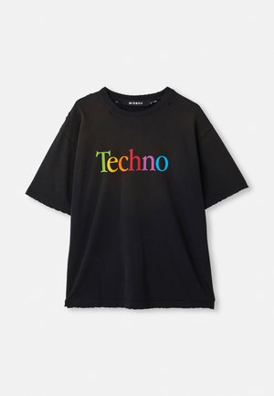 Black short-sleeve t-shirt with “Techno” printed in large, colorful letters across the chest, featuring subtle distressing near the neckline.