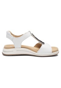 Weiße Sandale mit offenem Zehenbereich, verstellbarem Knöchelriemen, gepolstertem hellbraunem Fußbett und einer niedrigen, stützenden Sohle mit leichtem Absatz.