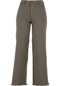 Pantalon large couleur vert olive en tissu mélange de coton, avec taille haute, design à cinq poches et ourlet effiloché aux chevilles.