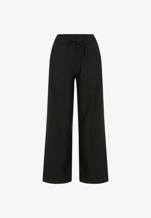 Pantalones negros de pierna ancha con cintura elástica y cordón, estilo casual, vista frontal sobre fondo blanco.